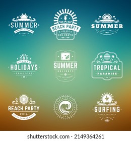 Summer holidays labels or badges retro typography vector design templates set. Silhouettes and icons for posters, greeting cards and advertising.