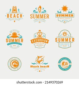 Summer holidays labels or badges retro typography vector design templates set. Silhouettes and icons for posters, greeting cards and advertising.