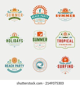 Summer holidays labels or badges retro typography vector design templates set. Silhouettes and icons for posters, greeting cards and advertising.