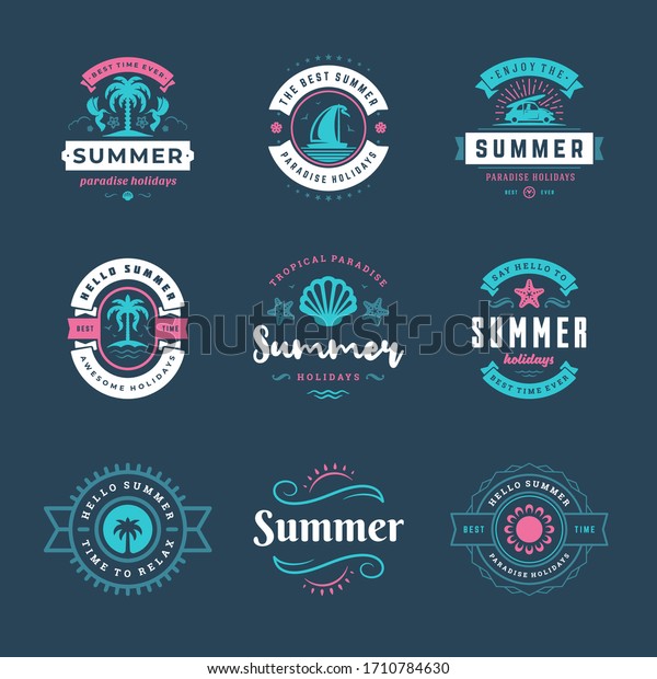 Summer holidays labels and badges retro\
typography design set. Templates for greeting cards, posters and\
apparel design. Vector\
illustration.