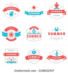 Summer holidays labels and badges typography vector design. Summer silhouettes and icons for posters, greeting cards and advertising. Vintage style.