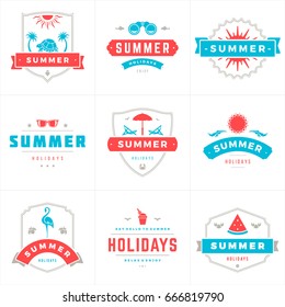 Summer holidays labels and badges typography vector design, Summer silhouettes and icons for posters, greeting cards and advertising. Vintage style.