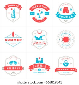 Summer holidays labels and badges typography vector design, Summer silhouettes and icons for posters, greeting cards and advertising. Vintage style.