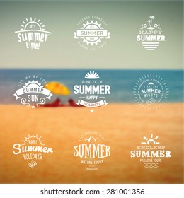 Summer holidays Labels in blurred beach landscape background. Vector Retro typography, label, t-shirt, banner, apparel, beach, travel, party, poster design.