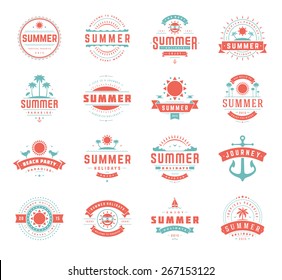 Summer holidays labels design elements and typography set. Retro and vintage templates. Badges, Posters, Emblems, Apparel. Vector set. Beach vacation, party, travel, tropical paradise, adventure.