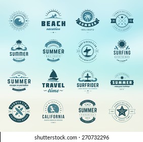 Summer holidays labels design elements and typography set. Retro and vintage templates. Badges, Posters, Emblems, Apparel. Vector set. Beach vacation, party, travel, tropical paradise, adventure.