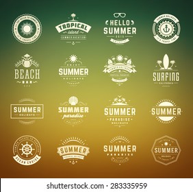 Summer holidays labels design elements and typography set. Retro and vintage templates. Badges, Posters, Emblems, Apparel. Vector set. Beach vacation, party, travel, tropical paradise adventure.