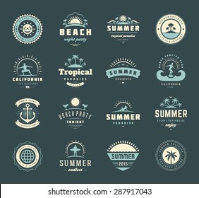Summer holidays labels design elements and typography set. Retro and vintage templates. Badges, Posters, Emblems, Apparel. Vector set. Beach vacation, party, travel, tropical paradise adventure.