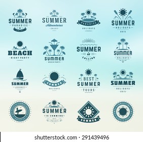 Summer holidays labels design elements and typography set. Retro and vintage templates. Badges, Posters, Emblems, Apparel. Vector set. Beach vacation, party, travel, tropical paradise adventure.