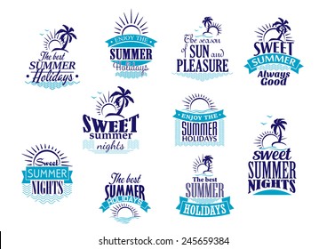 Summer holidays labels or emblems with sunrise, palms and waves in shades of blue color for travel and tourism industry design