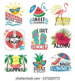 Summer holidays labels, logos, hand drawn tags and elements set for summer holiday. Templates for greeting card, posters and appared design. Tropical Icon set