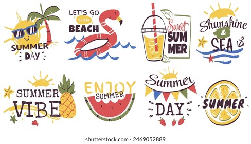 Summer Holidays Labels Logos Hand Drawn Stock Vector.