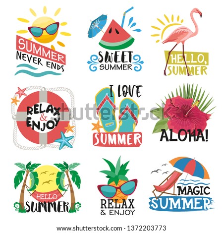 Summer holidays labels, logos, hand drawn tags and elements set for summer holiday. Templates for greeting card, posters and appared design. Tropical Icon set