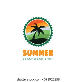 Summer holidays labels or logos, sky and waves in shades of colors for travel and tourism industry design