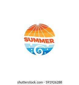 Summer holidays labels or logos, sky and waves in shades of colors for travel and tourism industry design