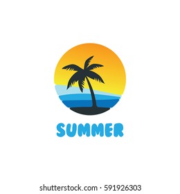 Summer holidays labels or logos, sky and waves in shades of colors for travel and tourism industry design