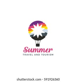 Summer holidays labels or logos, sky and waves in shades of colors for travel and tourism industry design