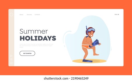 Plantilla de la página de inicio de vacaciones de verano. Bebé feliz en las zapatillas y máscara en la playa del mar. Actividades al aire libre para niños en la costa oceánica. Carácter de niño pequeño Relájese en las vacaciones. Ilustración de vectores de personas de caricatura