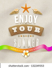 Summer holidays lettering with tropical nature elements on a beach sand