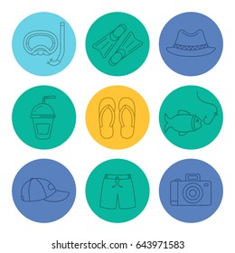 Summer holidays linear icons set. Aqualung, flippers, hat, refreshing drink, flip flops, fishing, cap, swimming trunks, photo camera. Thin line outline symbols on color circles. Vector illustrations