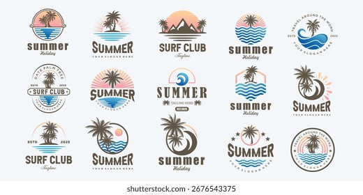 Summer holidays logo. Summer beach, vacation, travel, tropical paradise emblems. Vector illustration