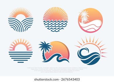 Logotipo de las vacaciones de verano. Playa de verano, vacaciones, viajes, emblemas del paraíso tropical. Ilustración vectorial