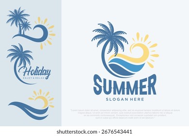 Logo für Sommerferien. Sommerstrand, Urlaub, Reisen, tropische Paradies Embleme. Vektorgrafik