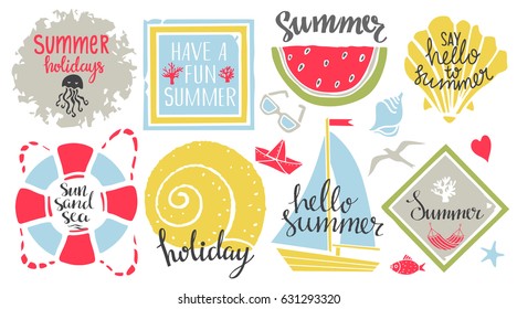 Summer holidays logo, icons, signs. Hand drawn isolated on white background. Handwritten font, lettering