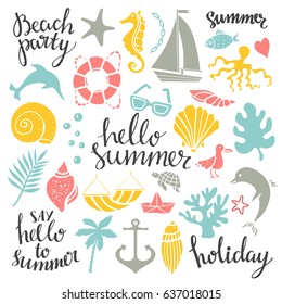 Summer holidays logo, icons, signs. Hand drawn isolated on white background. Handwritten font, lettering