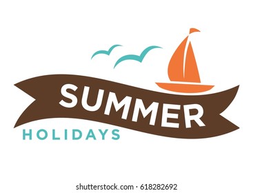 Summer holidays logo with ship and seagulls isolated on white.