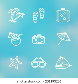 Summer holidays monochrome linear icons set on summer sky background with - coconut cocktail, fish star, slippers, palms, suitcase,beach umbrella,yacht,sun glasses, photo camera.