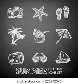 Summer holidays monochrome painted on black chalkboard icons set with - coconut cocktail, fish star, slippers, palms, suitcase,beach umbrella,yacht,sun glasses, photo camera.