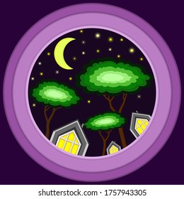 Summer holidays night  landscape with moon, stars, trees and houses. Paper cut out countryside village vector illustration. Digital cartoons style.  Modern creative design.