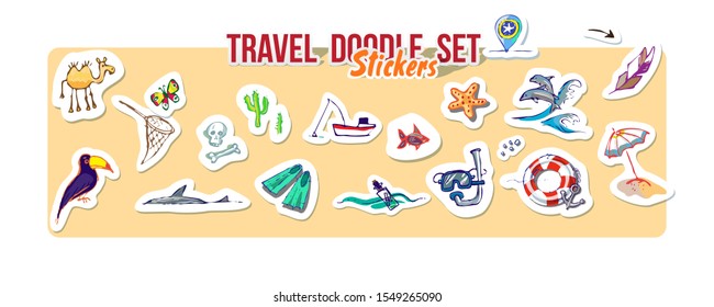 Summer holidays, ocean travel, mountain trip. Vector Set for summer time vacation. Set of stickers with sketch design element summer theme. Hand drawn doodle stickers with adventure objects.