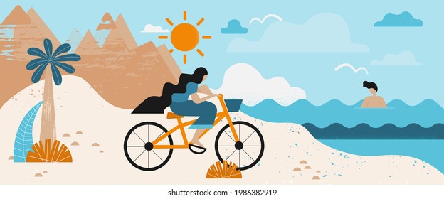 Vacaciones veraniegas en la playa con chicas vestidas de verano montando la bicicleta. Niño nadando en el mar. Paisaje con montañas en la parte trasera, palmeras y plantas en la playa. Encantador concepto de verano.