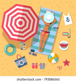 summer holidays on beach with sunbathing girl