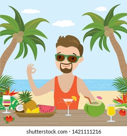 Summer holidays on beach.Handsome hipster man at the beach bar. Ocean coast and bungalows bar with exotic cocktails, fresh fruits and palm trees.Cartoon vector illustration