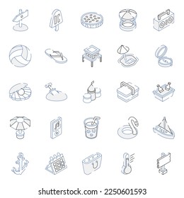 Summer Holidays Outline Isometric Icons 
