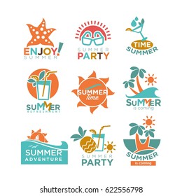 Summer holidays or party and travel adventure vector icons set