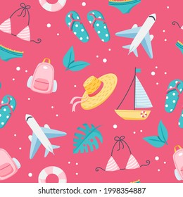 Summer holidays pattern Cute plane, sail boat, backpack, flip flops. Hand drawn flat cartoon elements. Vector illustration