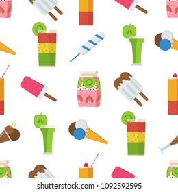 Summer holidays pattern with ice creams and fruit cocktails. Refreshing cold drinks, smoothies and ice-creams seamless background.