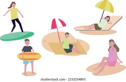  Summer holidays. People enjoying and relaxing on the beach. Sunbathing, surfing and chilling. Vector illustration