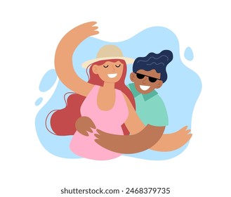 Gente de vacaciones de verano. Pareja feliz sonriendo para una foto. Ilustración vectorial de conceptos