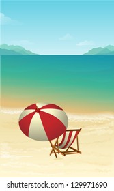 Summer Holidays Postcard/Background - Sunny seascape view from the sandy beach, with beach umbrella and chair at the front