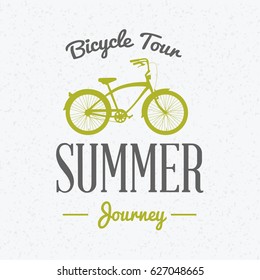 Summer holidays poster. Bicycle journey label. Bicycles for rent. Vector illustration with green and gray colors on textured background