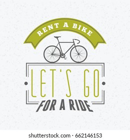 Summer holidays poster. Bicycle journey label. Bicycles for rent. Vector illustration with green and gray colors on textured background