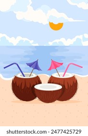 Summer holidays poster. Coconut cocktails at beach near sea. Rest and relax in tropical exotic countries. Flyer with refreshing drink. Seasonal vacation and travel. Cartoon flat vector illustration
