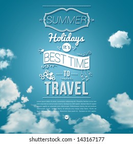 Summer holidays poster in cutout paper style. Sunny day background with clouds. Tourist poster. Vector image.