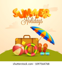 Summer holidays poster design with travelling bag, umbrella, volley ball, flip-flops and sunglasses on beige background. 
