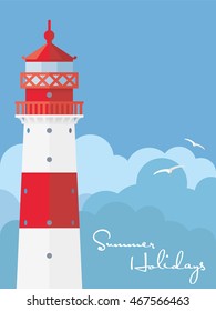Summer Holidays poster or greeting card with flat design lighthouse